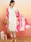 InWeave Women's White Lurex V Neck Gota Anarkali Kurta Set Magenta Lurex Dupatta | Grocsy