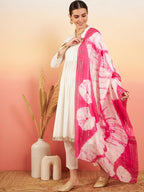 InWeave Women's White Lurex V Neck Gota Anarkali Kurta Set Magenta Lurex Dupatta | Grocsy