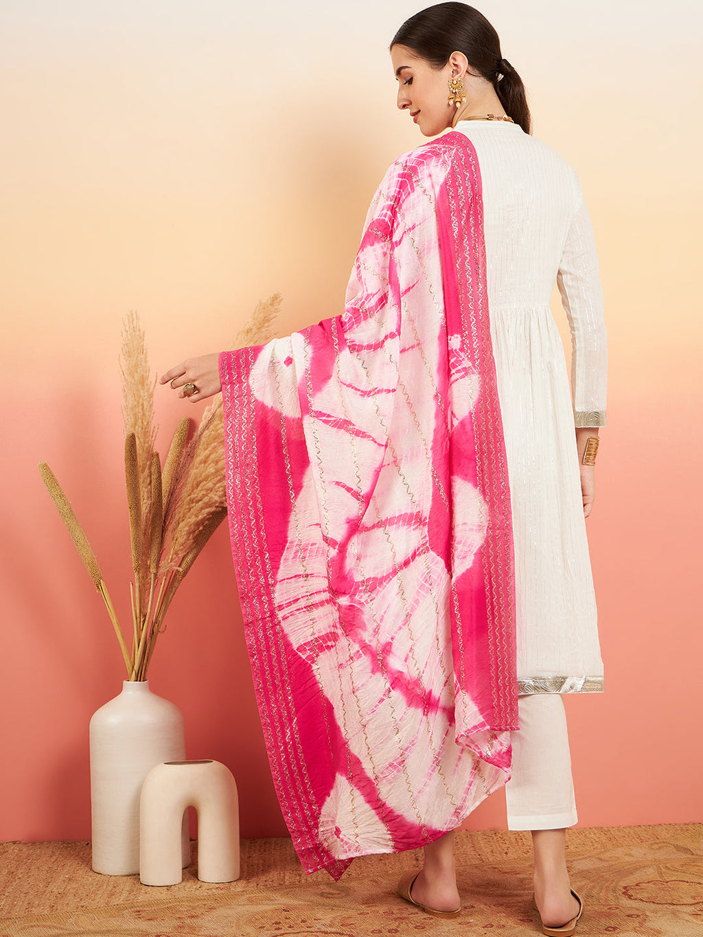 InWeave Women's White Lurex V Neck Gota Anarkali Kurta Set Magenta Lurex Dupatta | Grocsy