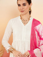 InWeave Women's White Lurex V Neck Gota Anarkali Kurta Set Magenta Lurex Dupatta | Grocsy