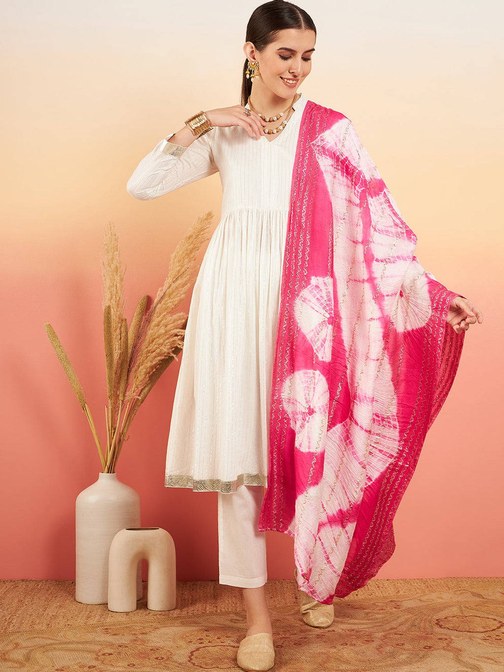 InWeave Women's White Lurex V Neck Gota Anarkali Kurta Set Magenta Lurex Dupatta | Grocsy