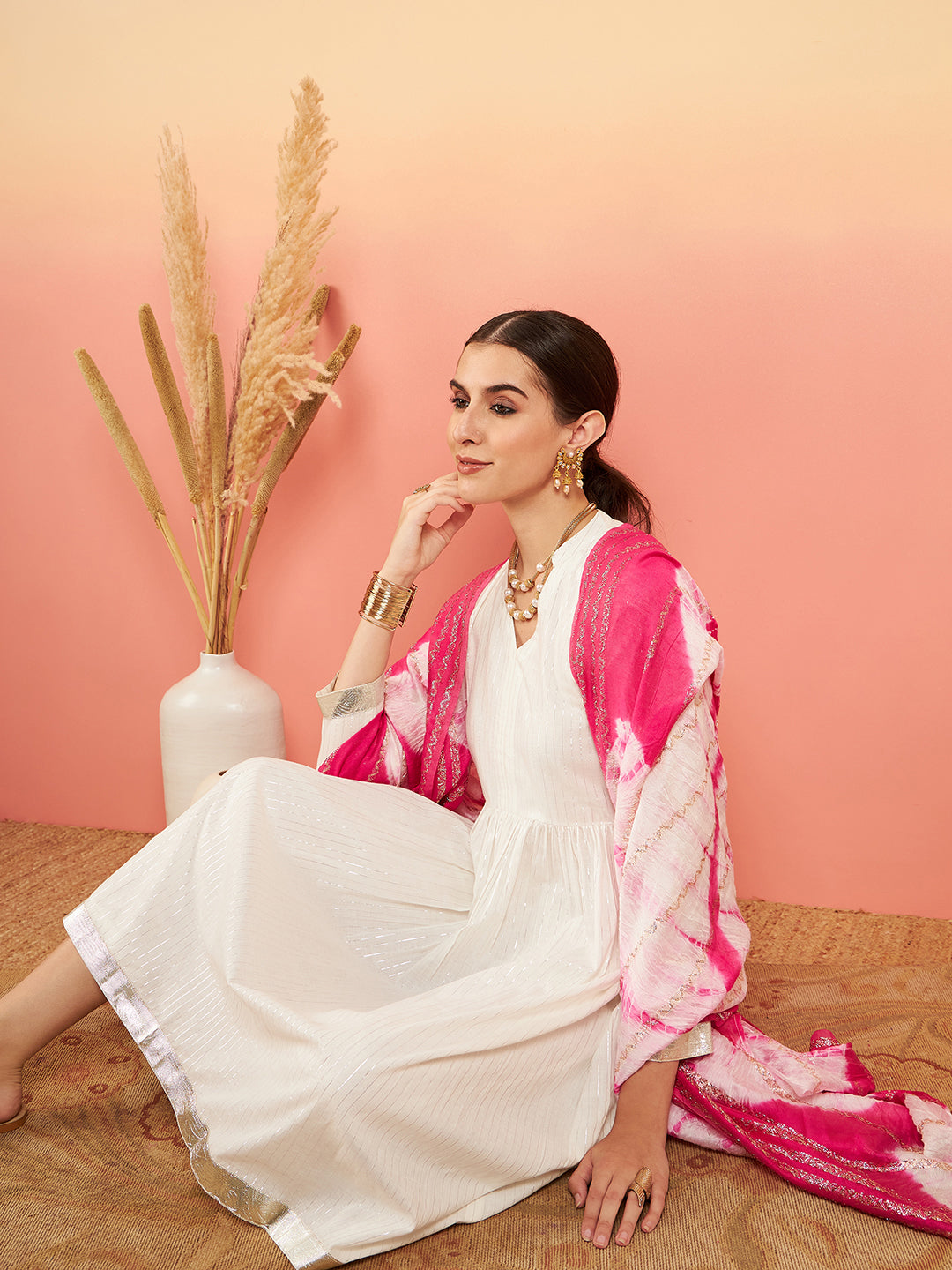 InWeave Women's White Lurex V Neck Gota Anarkali Kurta Set Magenta Lurex Dupatta | Grocsy