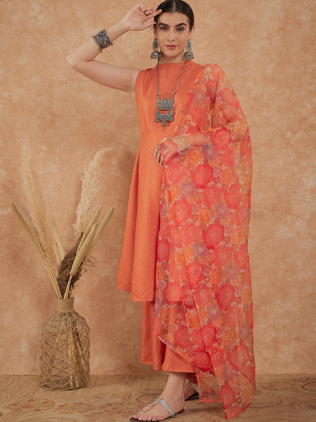 InWeave Women's Light Rust Lurex Kurta Set W Orange Big Or Dupatta | Grocsy