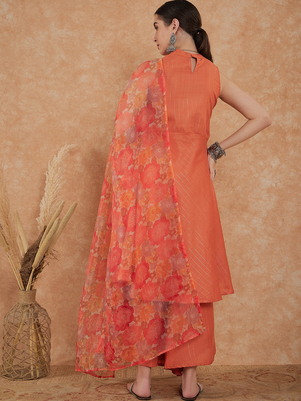 InWeave Women's Light Rust Lurex Kurta Set W Orange Big Or Dupatta | Grocsy