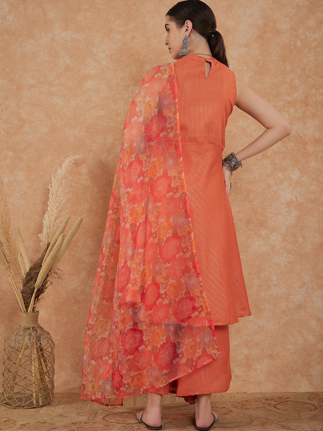 InWeave Women's Light Rust Lurex Kurta Set W Orange Big Or Dupatta | Grocsy