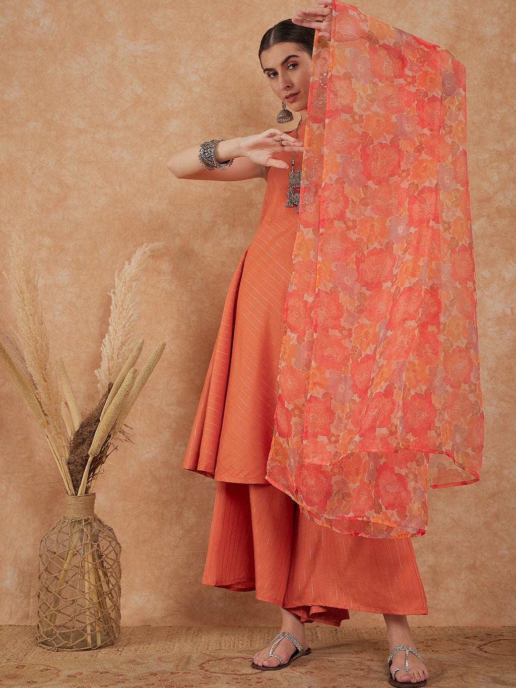 InWeave Women's Light Rust Lurex Kurta Set W Orange Big Or Dupatta | Grocsy
