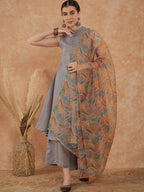 InWeave Women's Light Grey Lurex Kurta Set Multi Garden Or Dupatta | Grocsy