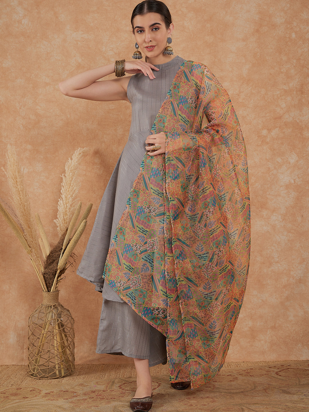 InWeave Women's Light Grey Lurex Kurta Set Multi Garden Or Dupatta | Grocsy