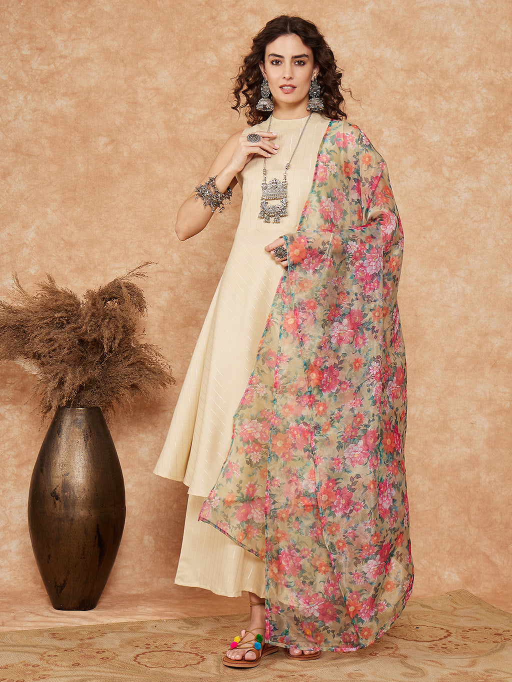 InWeave Women's Cream Lurex Kurta Set Pear Green Pink Or Dupatta | Grocsy