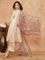 InWeave Women's Cream Lurex Kurta Set Pear Green Pink Or Dupatta | Grocsy
