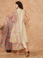 InWeave Women's Cream Lurex Kurta Set Pear Green Pink Or Dupatta | Grocsy