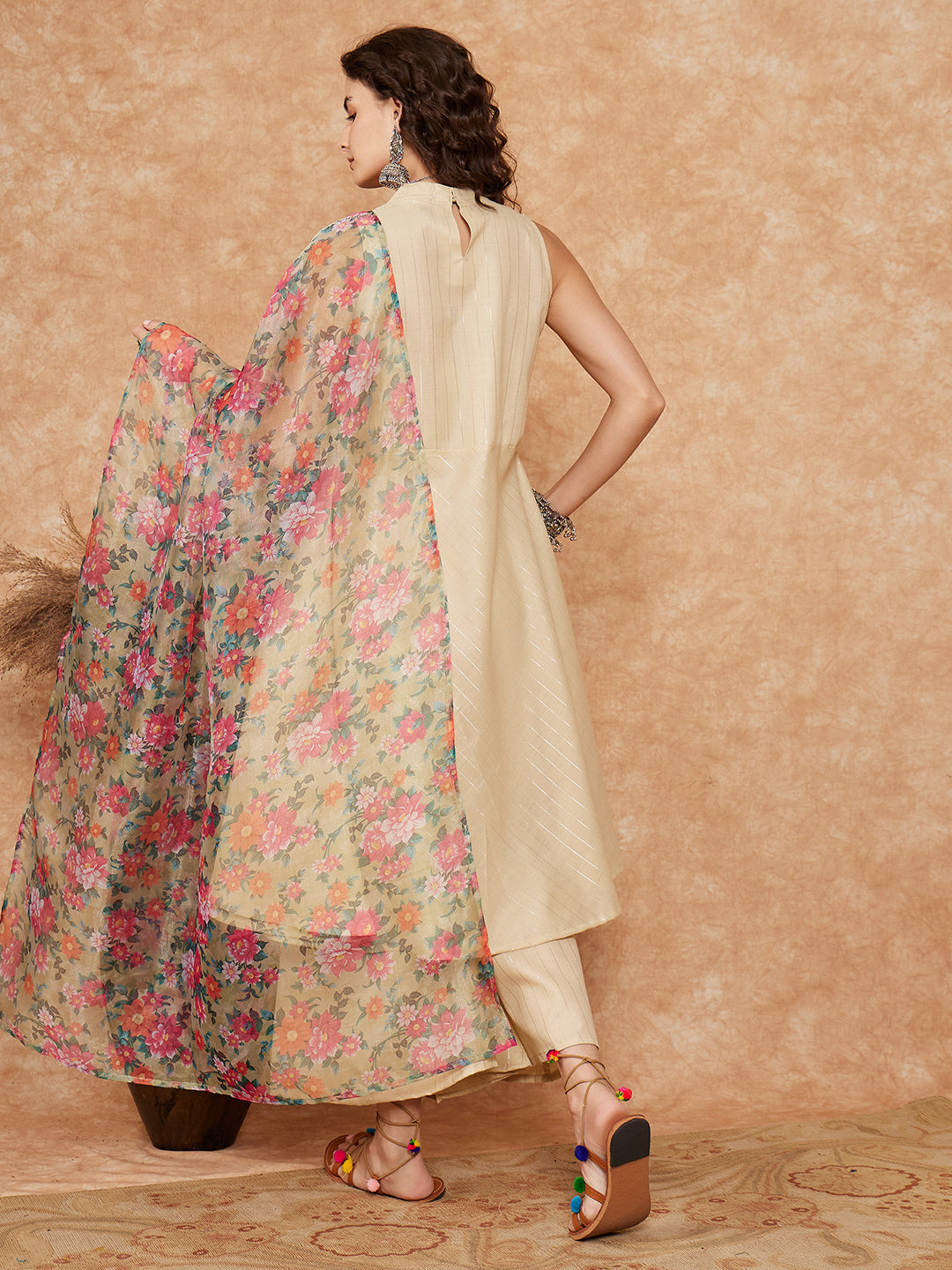 InWeave Women's Cream Lurex Kurta Set Pear Green Pink Or Dupatta | Grocsy