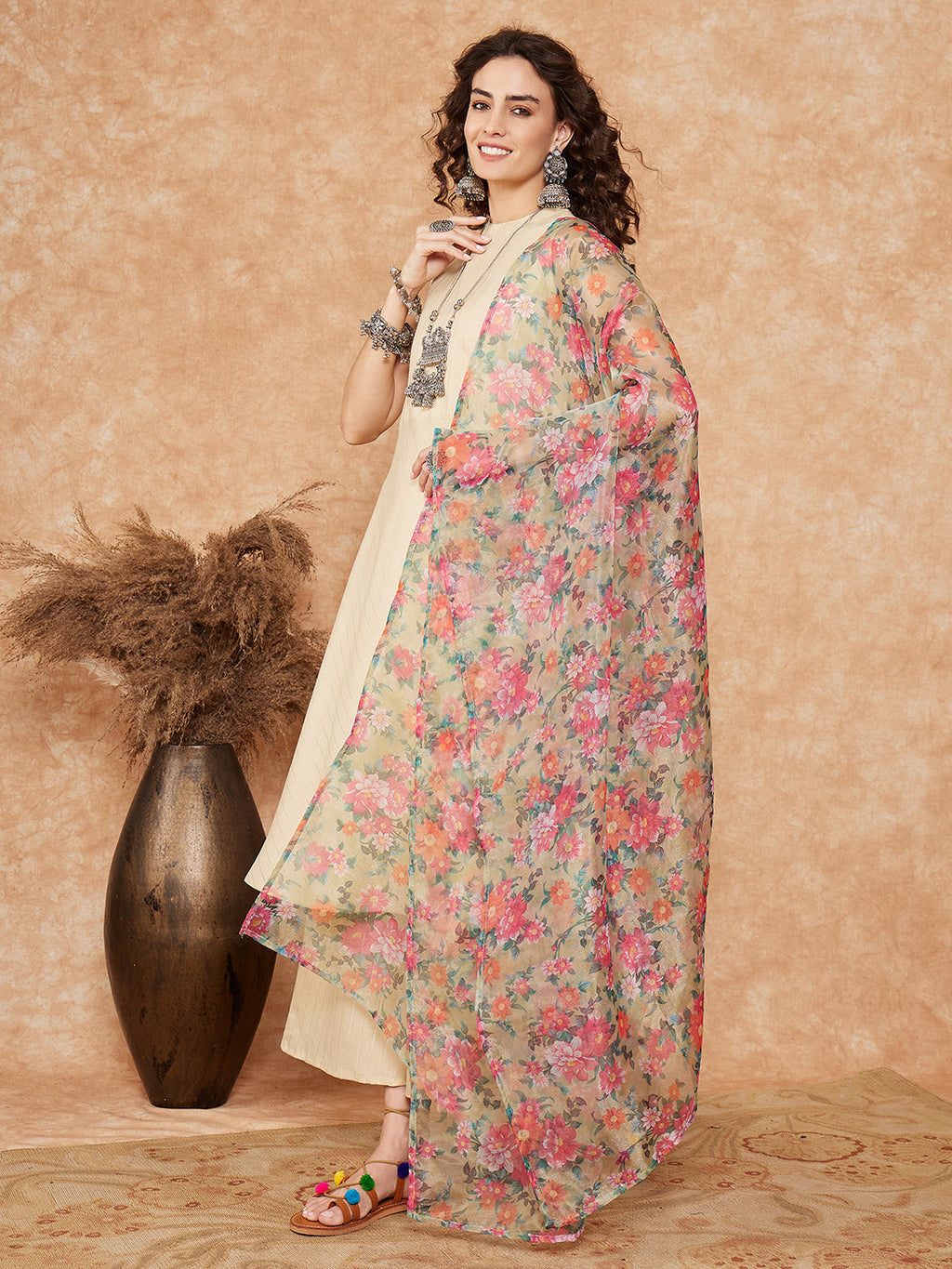 InWeave Women's Cream Lurex Kurta Set Pear Green Pink Or Dupatta | Grocsy