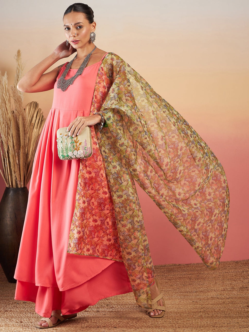 InWeave Dark Peach Strappy W Olive Liberty Print Organza Dupatta Set | Grocsy