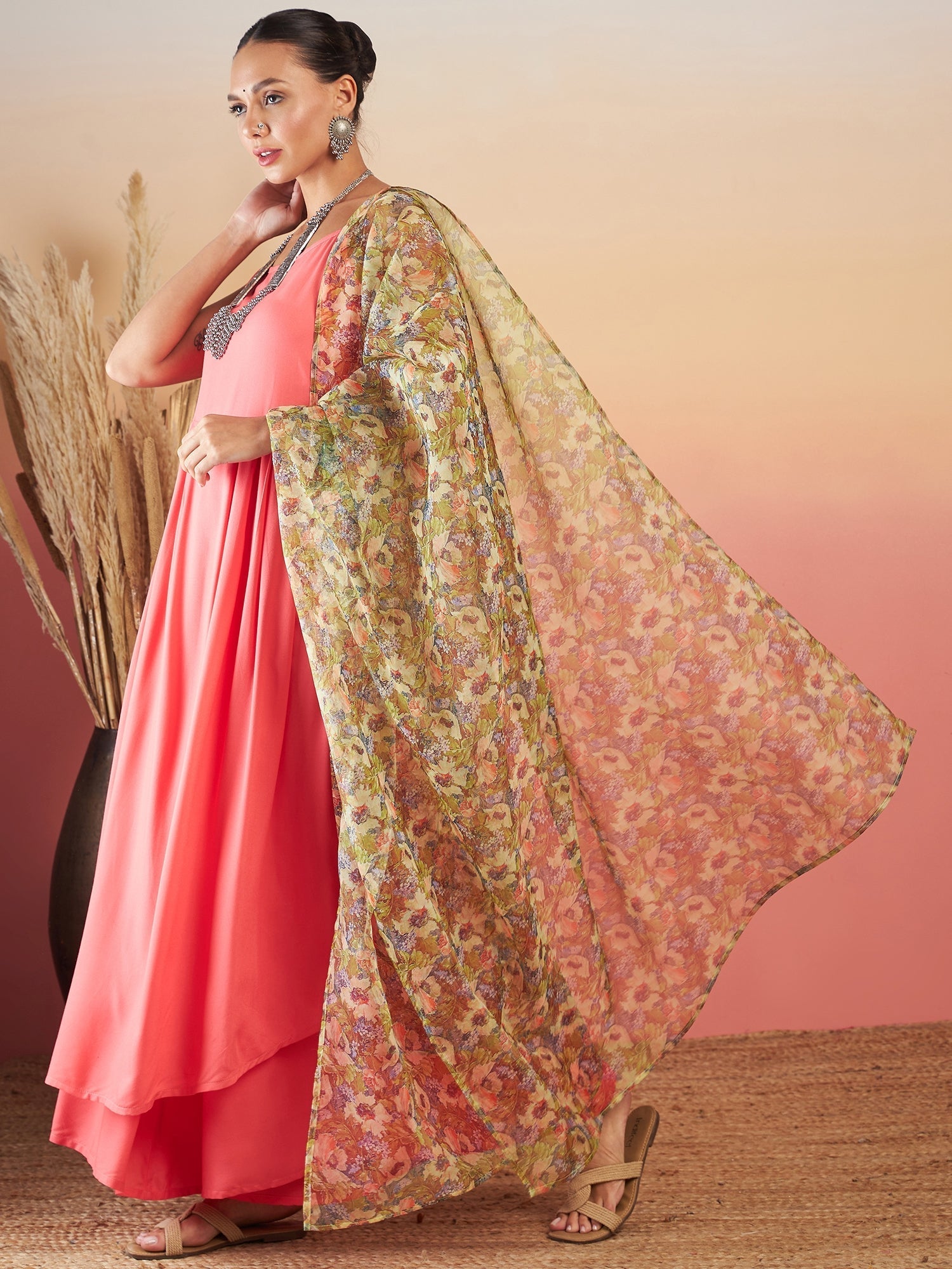 InWeave Dark Peach Strappy W Olive Liberty Print Organza Dupatta Set | Grocsy
