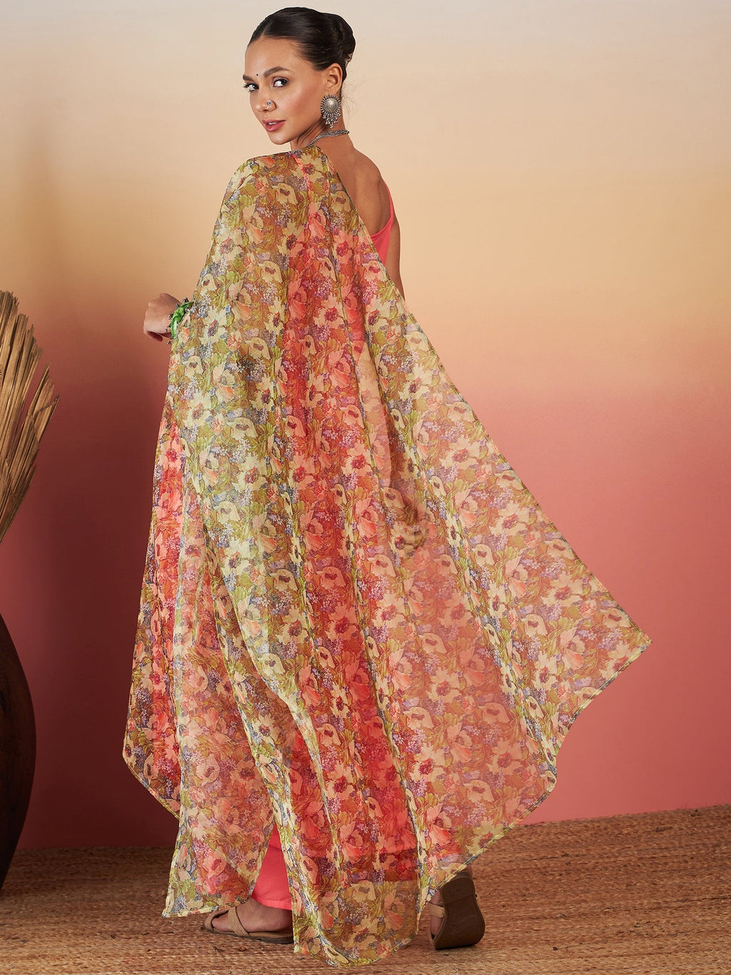 InWeave Dark Peach Strappy W Olive Liberty Print Organza Dupatta Set | Grocsy