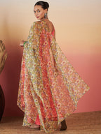 InWeave Dark Peach Strappy W Olive Liberty Print Organza Dupatta Set | Grocsy