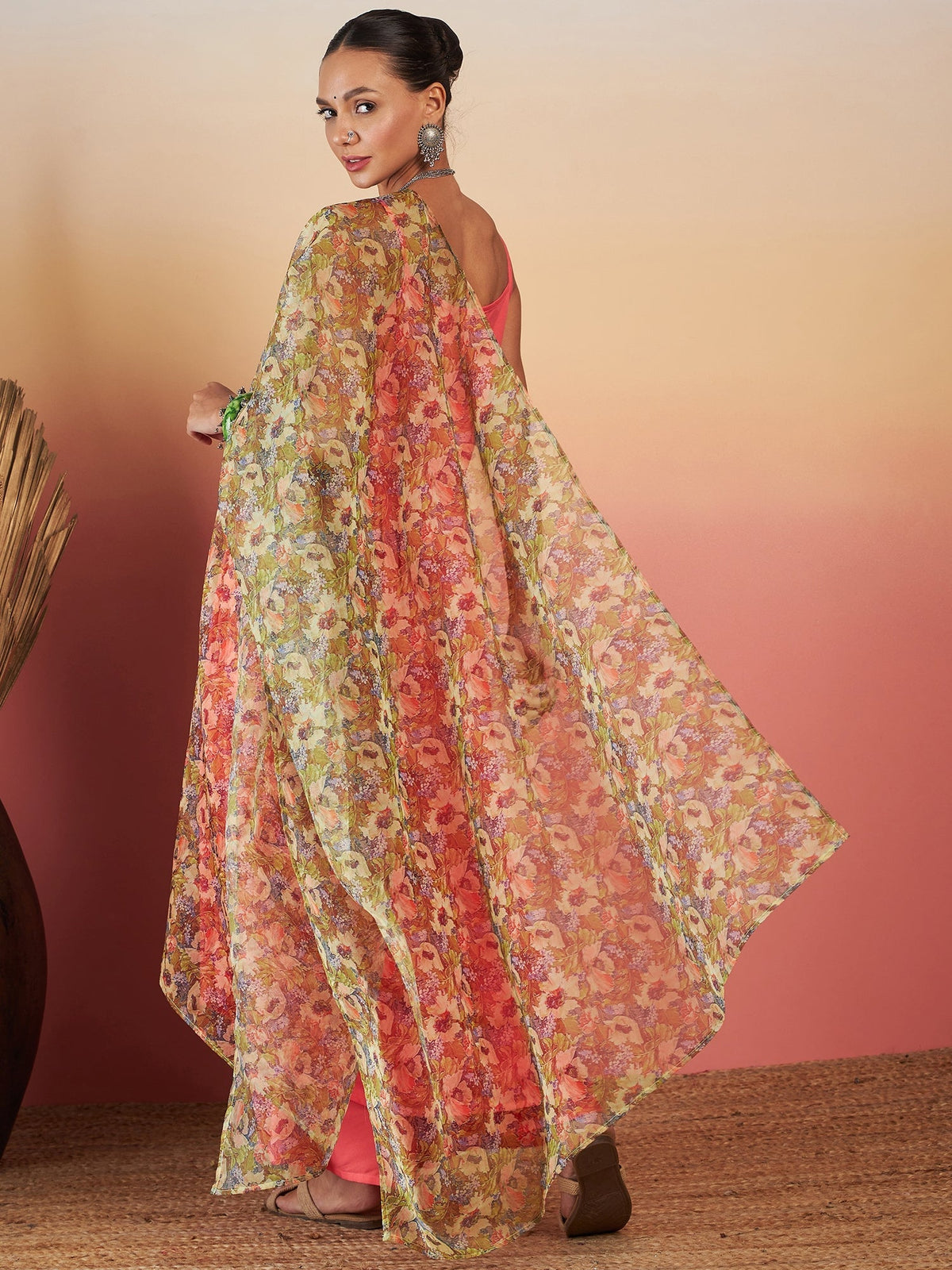InWeave Dark Peach Strappy W Olive Liberty Print Organza Dupatta Set | Grocsy