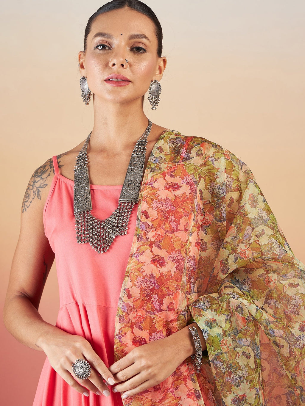 InWeave Dark Peach Strappy W Olive Liberty Print Organza Dupatta Set | Grocsy