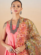 InWeave Dark Peach Strappy W Olive Liberty Print Organza Dupatta Set | Grocsy