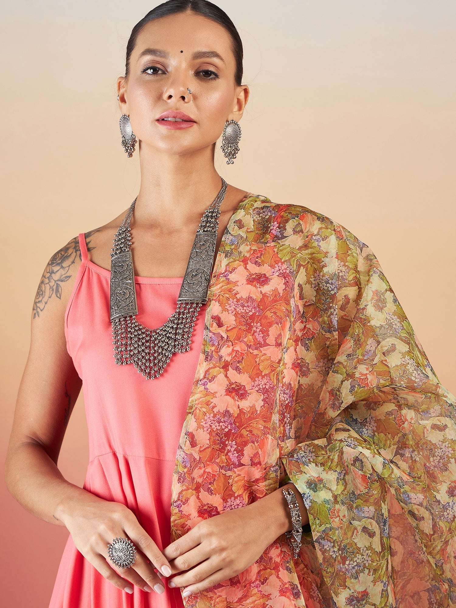 InWeave Dark Peach Strappy W Olive Liberty Print Organza Dupatta Set | Grocsy