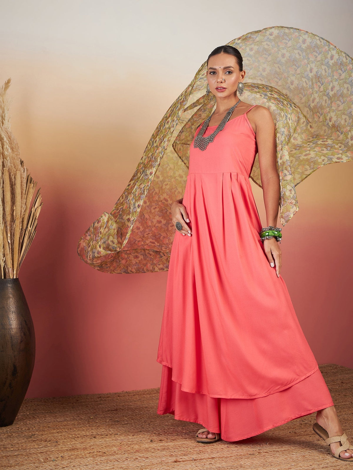 InWeave Dark Peach Strappy W Olive Liberty Print Organza Dupatta Set | Grocsy