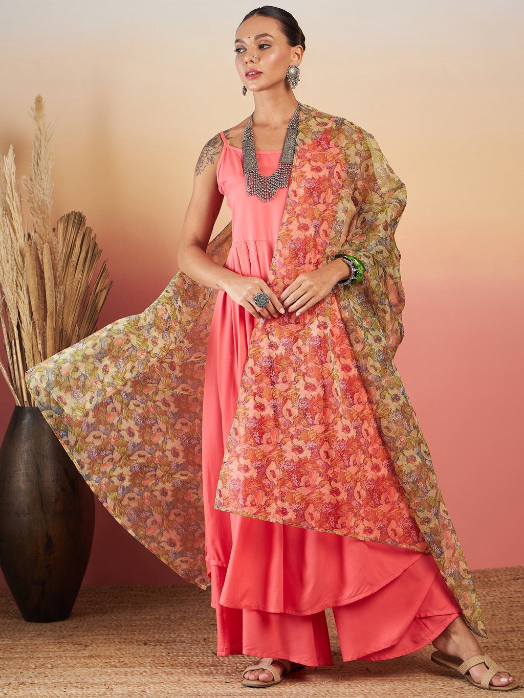InWeave Dark Peach Strappy W Olive Liberty Print Organza Dupatta Set | Grocsy