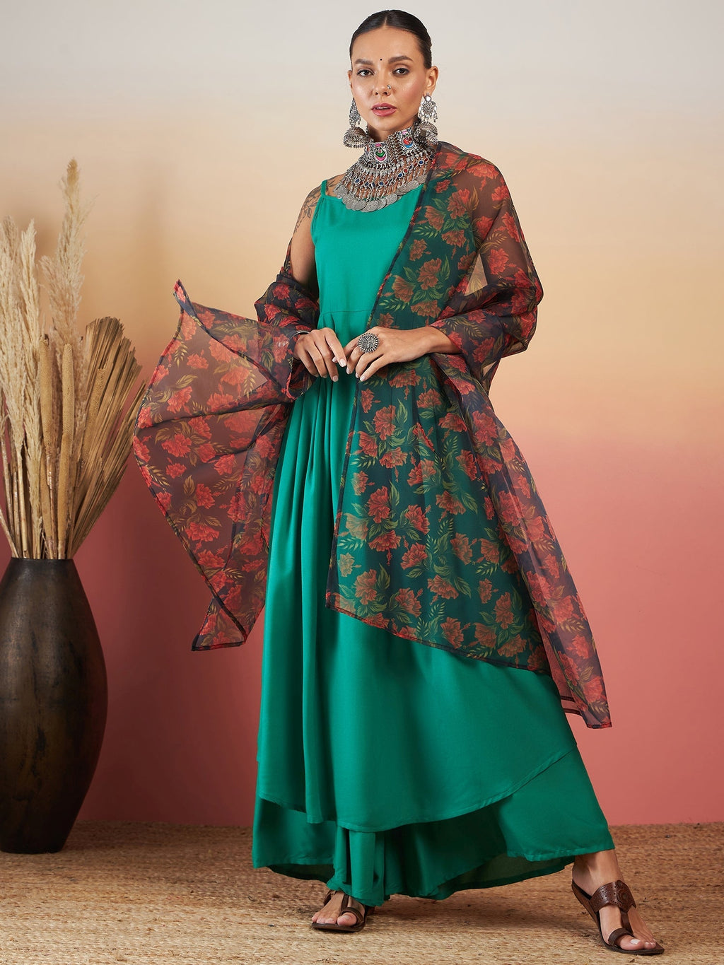 InWeave Emerald Green Strappy W Black Orange Floral Print Or Dupatta Set | Grocsy