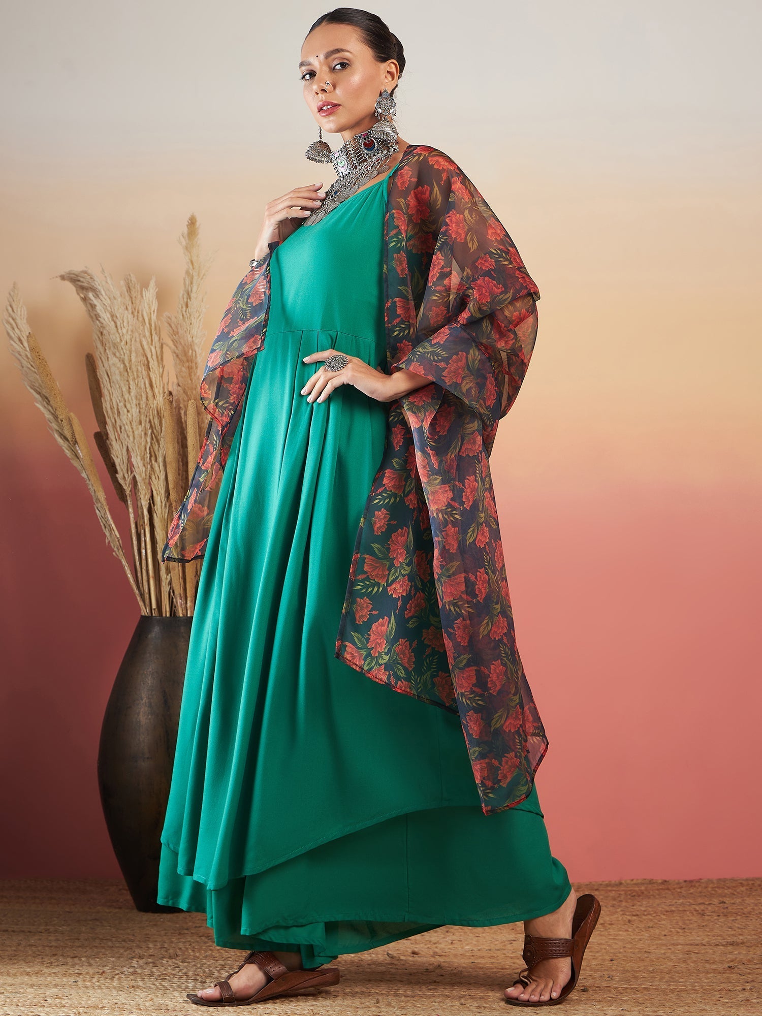 InWeave Emerald Green Strappy W Black Orange Floral Print Or Dupatta Set | Grocsy
