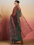 InWeave Emerald Green Strappy W Black Orange Floral Print Or Dupatta Set | Grocsy