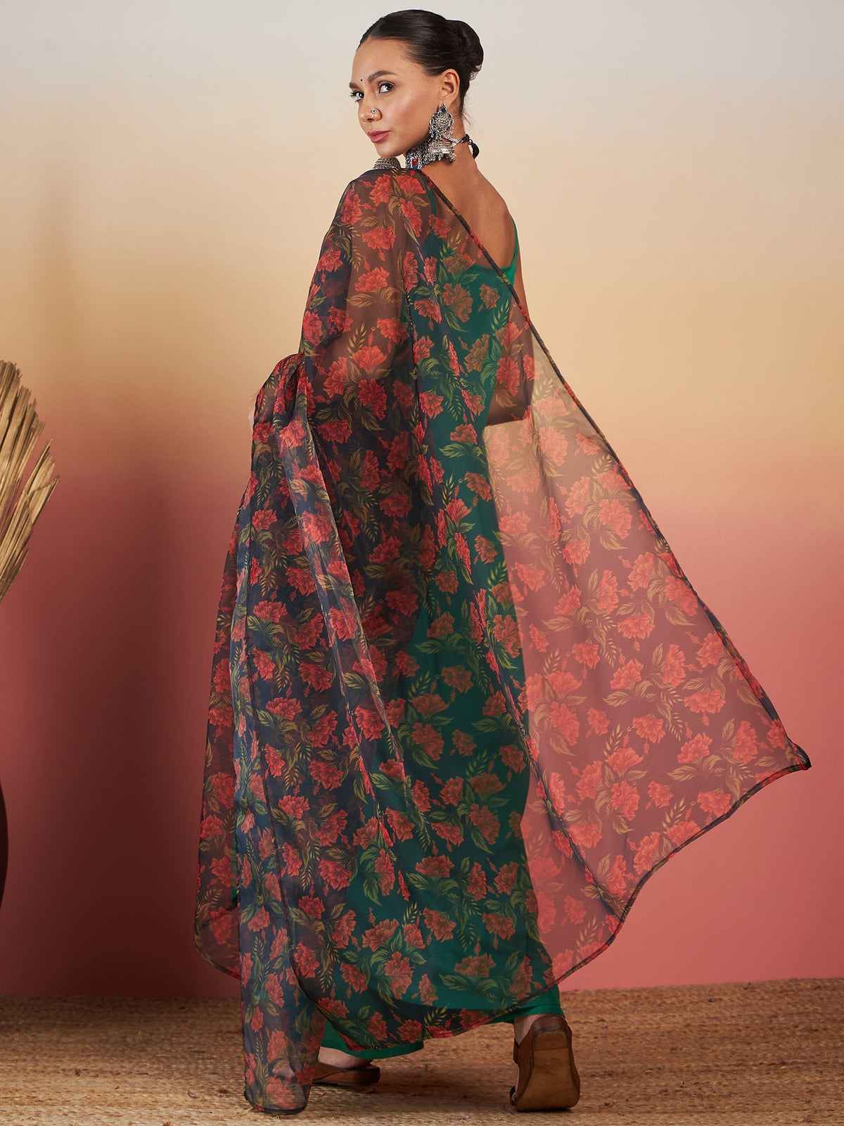 InWeave Emerald Green Strappy W Black Orange Floral Print Or Dupatta Set | Grocsy