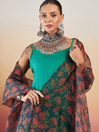 InWeave Emerald Green Strappy W Black Orange Floral Print Or Dupatta Set | Grocsy