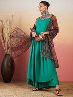 InWeave Emerald Green Strappy W Black Orange Floral Print Or Dupatta Set | Grocsy
