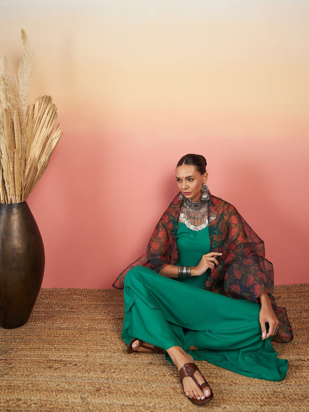 InWeave Emerald Green Strappy W Black Orange Floral Print Or Dupatta Set | Grocsy