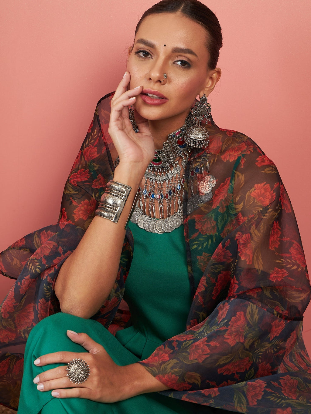 InWeave Emerald Green Strappy W Black Orange Floral Print Or Dupatta Set | Grocsy