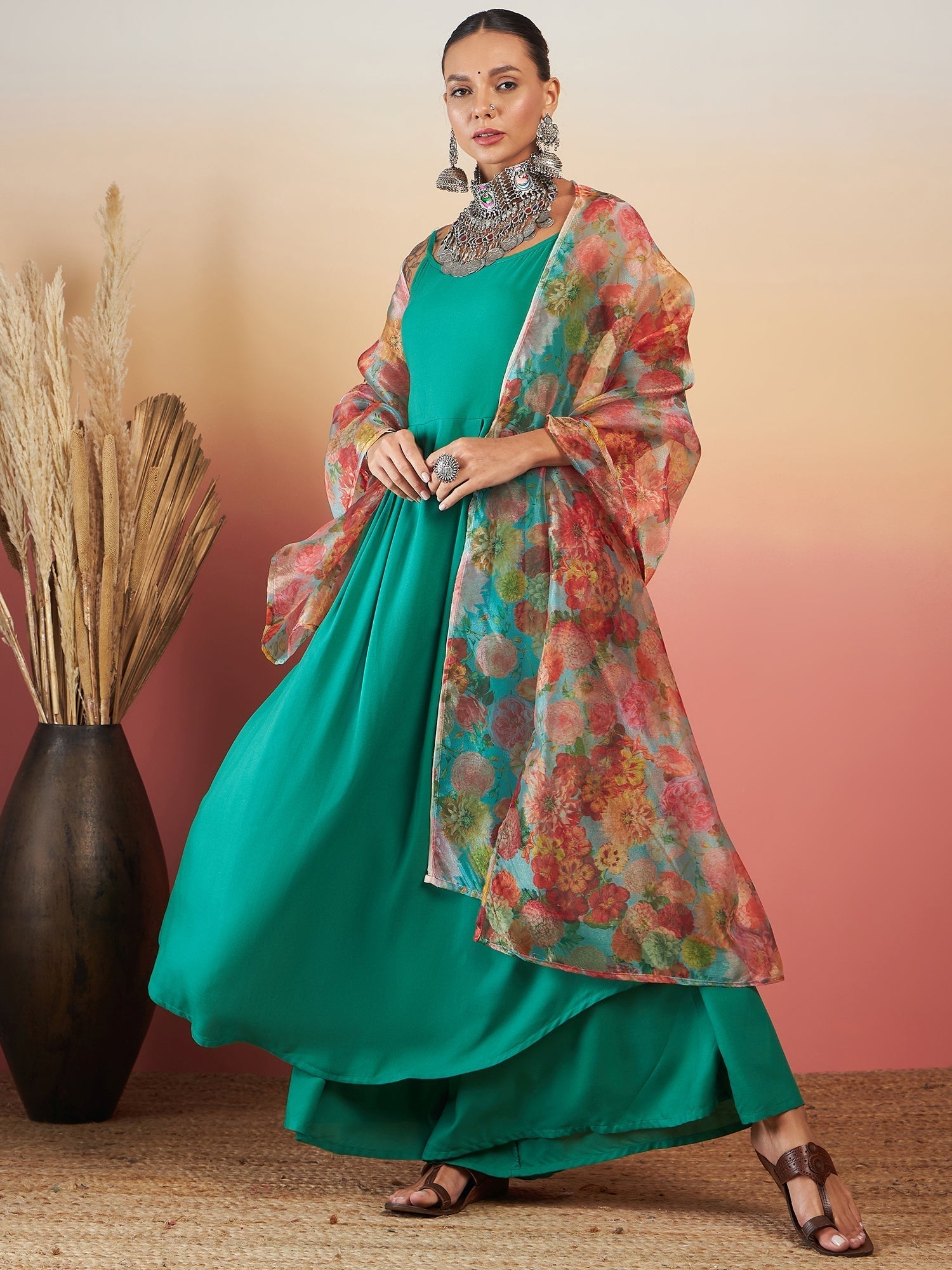 InWeave Emerald Green Strappy W Green Organza Dupatta Set | Grocsy