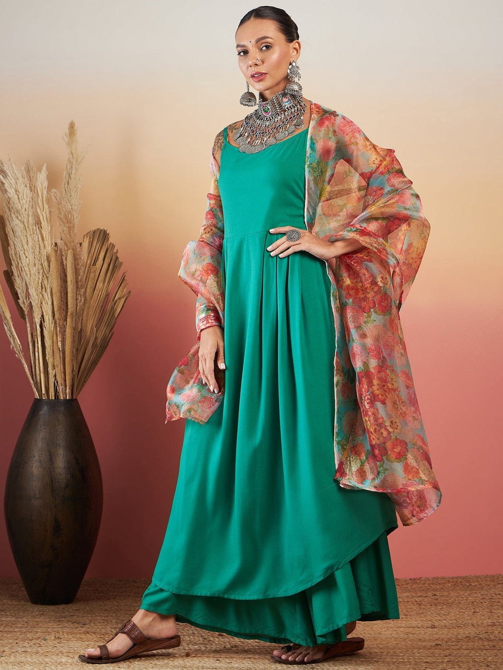 InWeave Emerald Green Strappy W Green Organza Dupatta Set | Grocsy