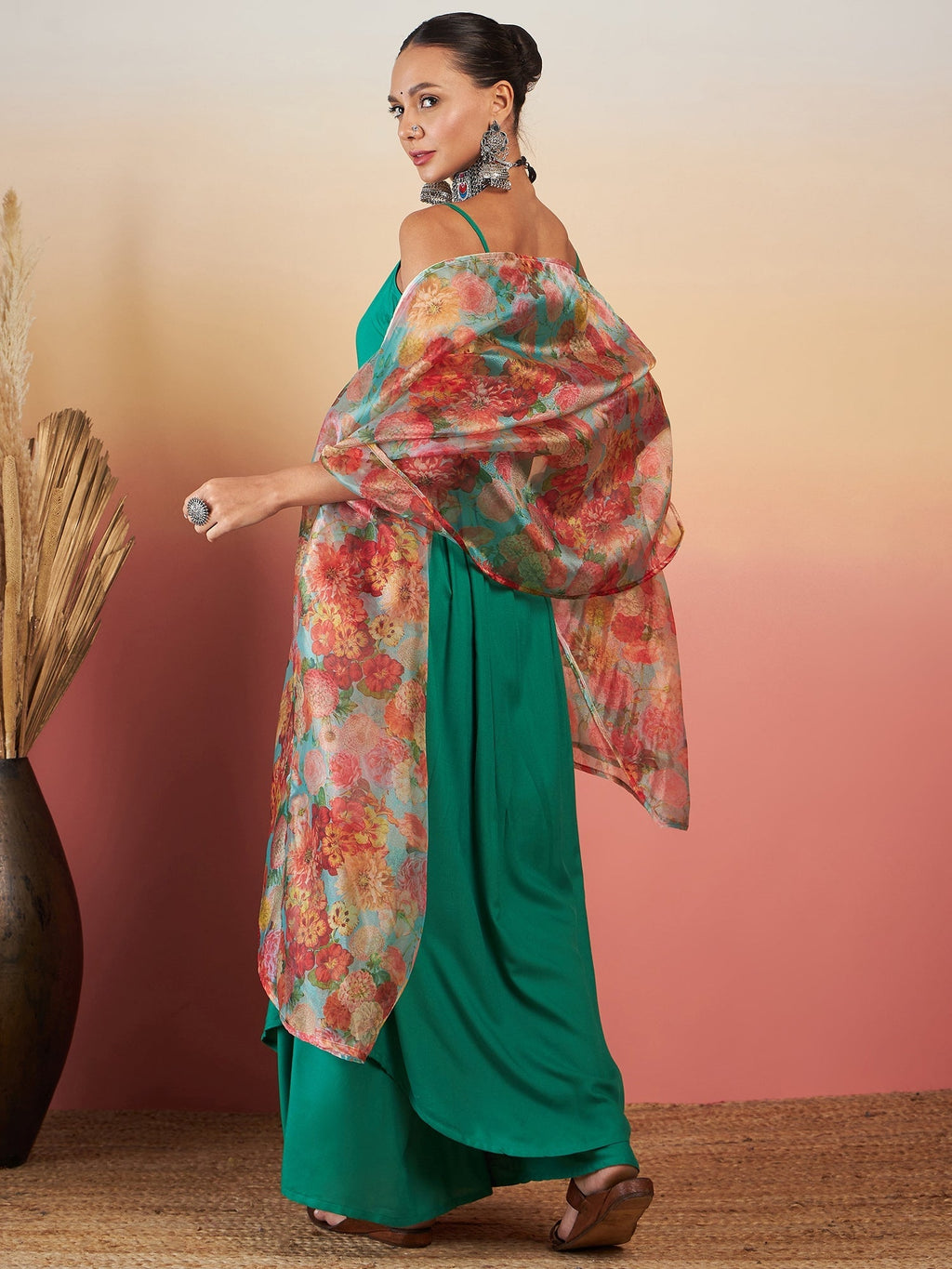 InWeave Emerald Green Strappy W Green Organza Dupatta Set | Grocsy