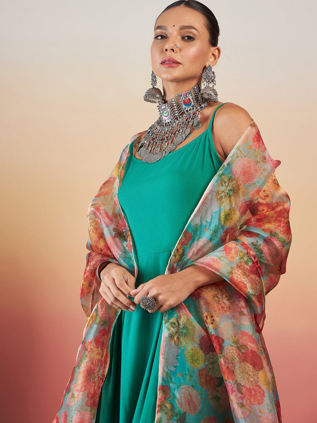 InWeave Emerald Green Strappy W Green Organza Dupatta Set | Grocsy
