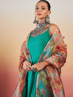 InWeave Emerald Green Strappy W Green Organza Dupatta Set | Grocsy