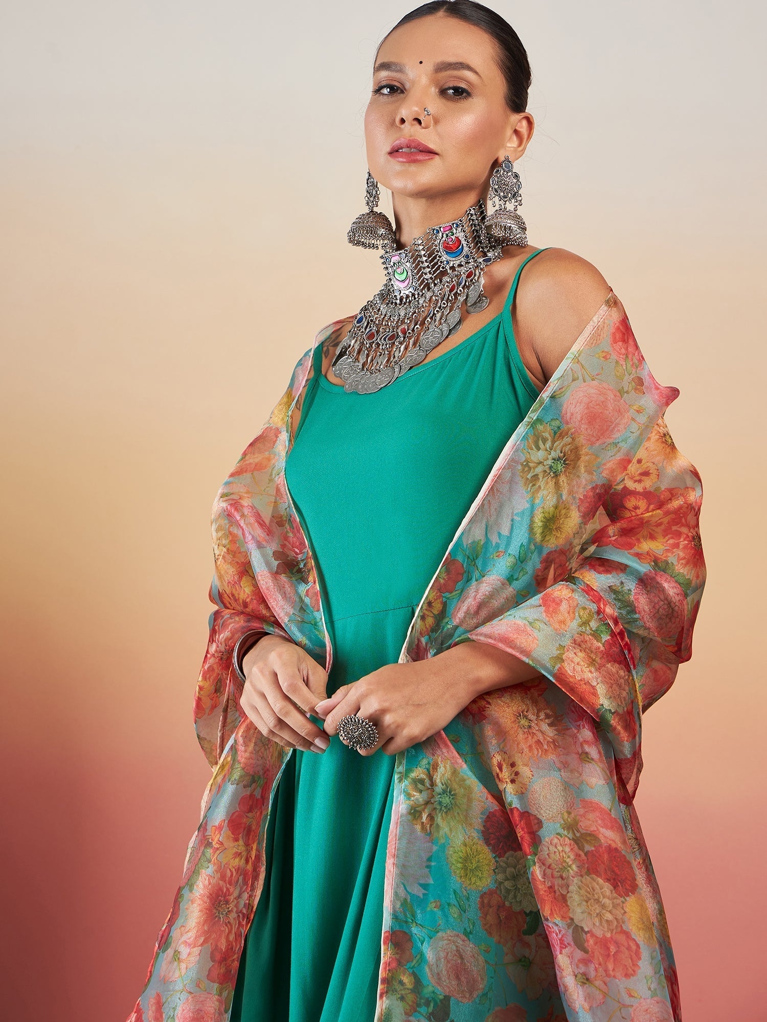 InWeave Emerald Green Strappy W Green Organza Dupatta Set | Grocsy
