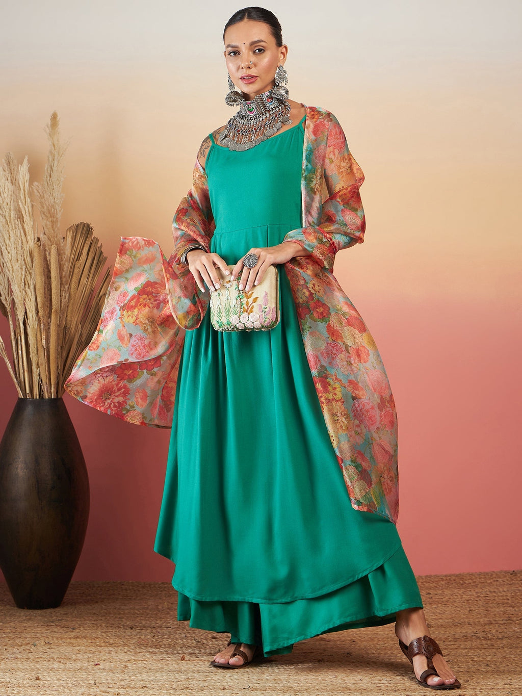 InWeave Emerald Green Strappy W Green Organza Dupatta Set | Grocsy