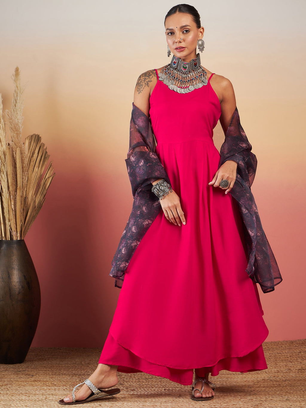 InWeave Fuchsia Strappy W Black Dark Floral Print Or Dupatta Set | Grocsy
