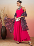 InWeave Fuchsia Strappy W Black Dark Floral Print Or Dupatta Set | Grocsy