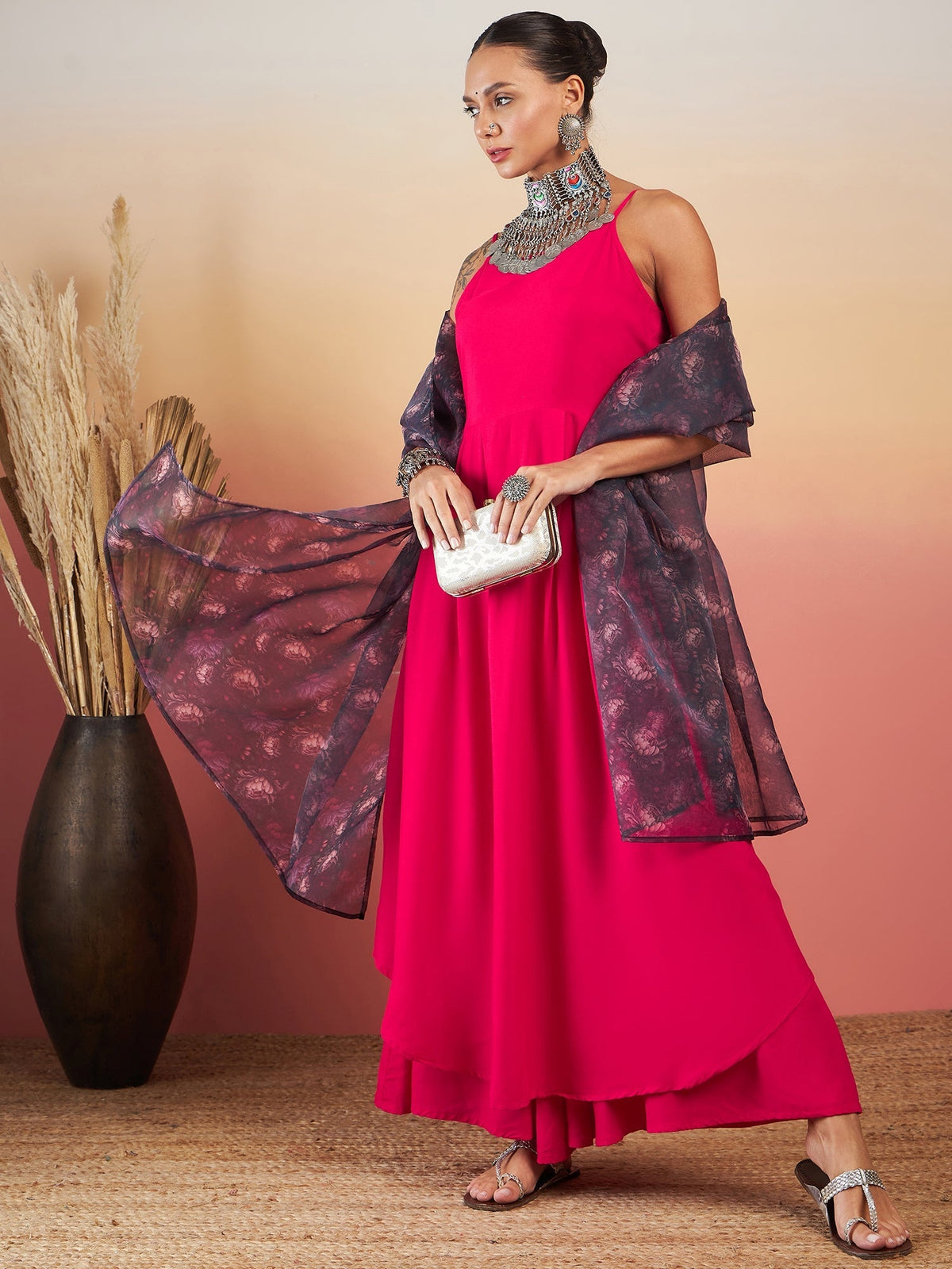 InWeave Fuchsia Strappy W Black Dark Floral Print Or Dupatta Set | Grocsy