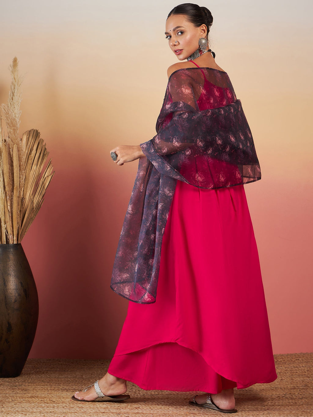 InWeave Fuchsia Strappy W Black Dark Floral Print Or Dupatta Set | Grocsy