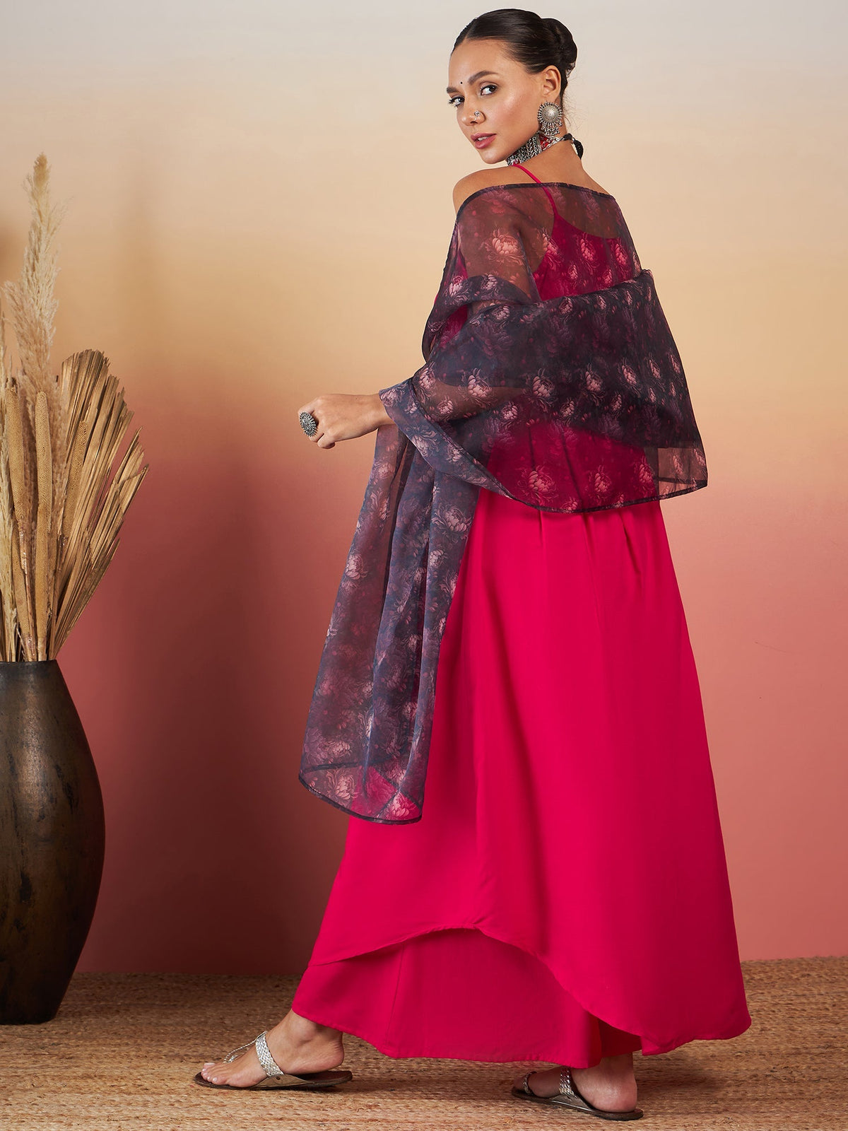 InWeave Fuchsia Strappy W Black Dark Floral Print Or Dupatta Set | Grocsy
