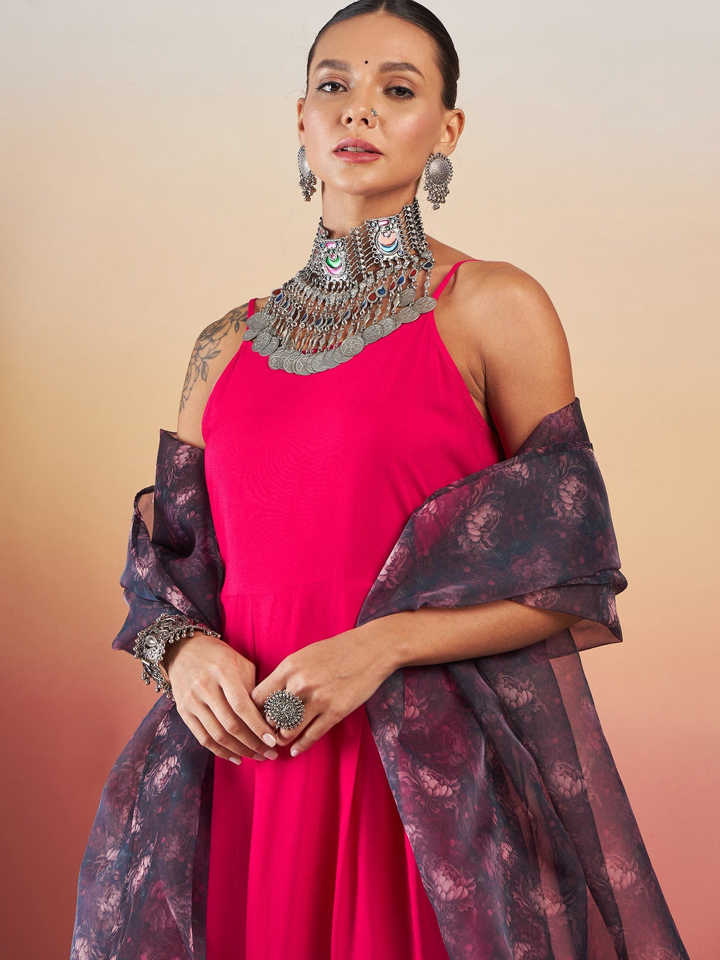 InWeave Fuchsia Strappy W Black Dark Floral Print Or Dupatta Set | Grocsy