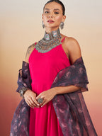 InWeave Fuchsia Strappy W Black Dark Floral Print Or Dupatta Set | Grocsy