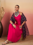 InWeave Fuchsia Strappy W Black Dark Floral Print Or Dupatta Set | Grocsy